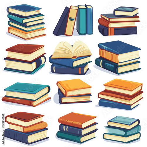 Colorful book collection set with multiple stacks and piles of books, open and closed