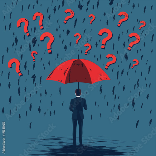 Brainstorming for solving business problems, questions and answers, FAQ, thought process and logic for solving work tasks, large hand protects man with umbrella from falling questi