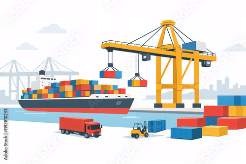 Flat design illustration of a container ship docked at a modern seaport terminal with large gantry crane loading cargo containers. Trucks and forklift operate on the quay, representing logistics