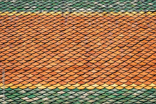 Intricate Thai style temple architecture featuring a pattern of orange and brown textured ceramic clay roof tiles on a traditional building