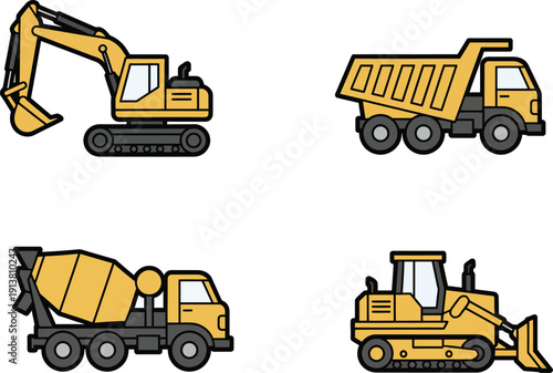 Construction vehicles excavator dump truck cement mixer and bulldozer