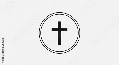 Christian Cross Symbol in Double Circle on White Background