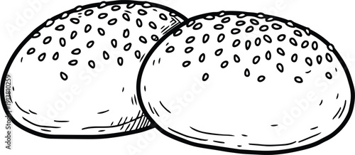 Line art close up two sesame burger buns top view hand drawn sketch vector food illustration minimal studio isolated monochrome