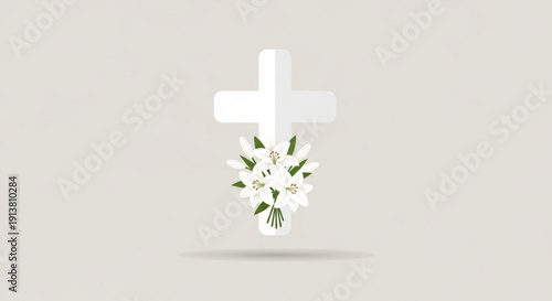 White Cross with Lilies on Beige Background, Funeral Concept, Mourning Symbol