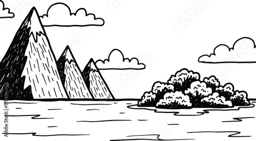 Line art mountain range with island shore viewed from calm water in hand drawn black ink style illustration minimalist wide