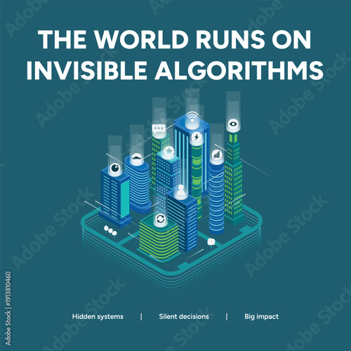 Modern cityscape illustration representing the unseen power of algorithms driving the world, with glowing towers and data streams.