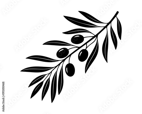 Black Silhouette Olive Branch with Olives and Leaves Illustration on White Background