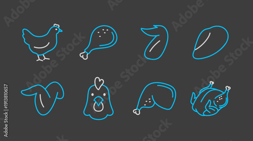 Chicken Meat Parts Minimal Flat Icon Set