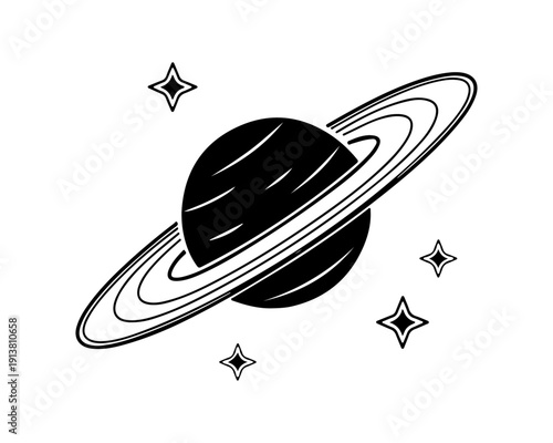 Simple black Saturn planet icon with rings and stars in space graphic design