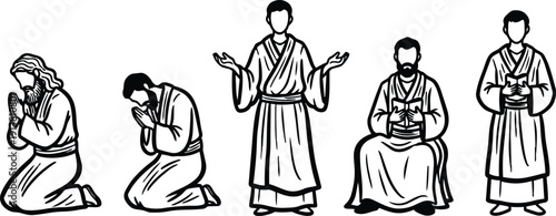 Minimalist vector line art series five praying and reading figures in worship poses front view monochrome icons set simple outline