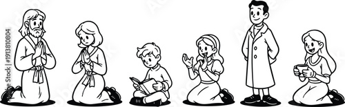 Line art cartoon group kneeling and praying with child reading and man holding cup in simple black and white scene