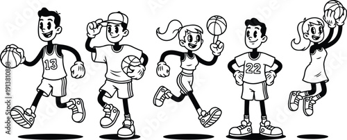 Retro cartoon 90s line art boys and girls playing basketball in energetic poses smiling midair and dribbling front view uniform