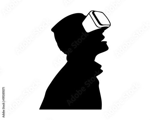 Side profile silhouette of person wearing virtual reality goggles.