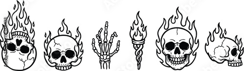 Tattoo flash line art flaming skulls and skeletal hand with torch set in bold black vector style close up outline