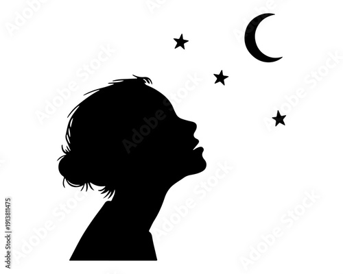 Profile Silhouette of Girl Looking at Night Sky, Crescent Moon and Stars