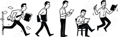 Minimalist line art sequence showing office man running walking reading sitting and jumping with papers and folder low angle cheerful