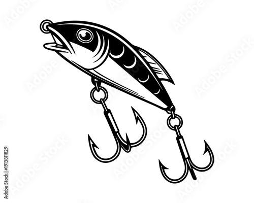 Black and White Fishing Lure Bait Graphic with Treble Hooks Vector