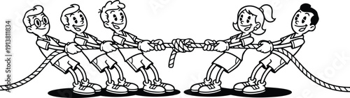 Retro cartoon line art close up tug of war kids three versus two playful competition on white background energetic composition
