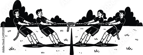 Line art vector tug of war close up showing two teams pulling rope outdoors on grassy field low angle view