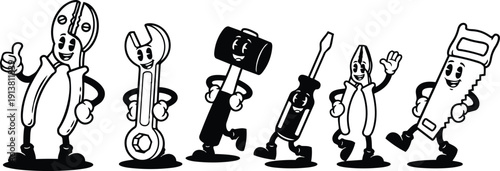 Retro cartoon mascot pliers wrench mallet screwdriver saw characters walking row with smiles black and white vintage side view