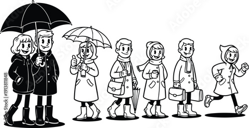 Retro cartoon line art side view group of people walking with umbrellas coats boots smiling looking ahead rainy day cheerful