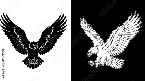 Powerful Bald Eagle Silhouette And Line Art Vector Set For American Patriotic Logo Design Sports Mascot Bird Of Prey Illustration And Vinyl Cutting SVG
