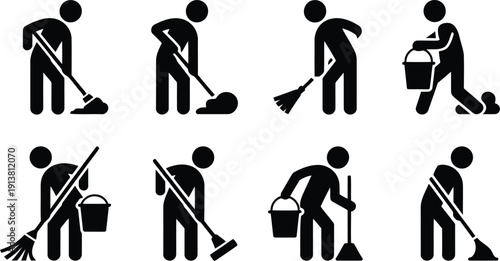 A collection of black stick figure icons illustrates different people engaged in various cleaning tasks