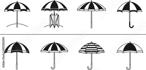 Striped umbrella silhouettes set, beach sunshade protection icons, rain accessory symbols, summer vacation equipment, outdoor weather shelter, patio furniture elements,