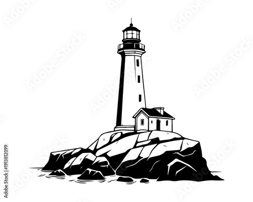 Black and White Lighthouse on Rocky Coast Isolated Vector Illustration
