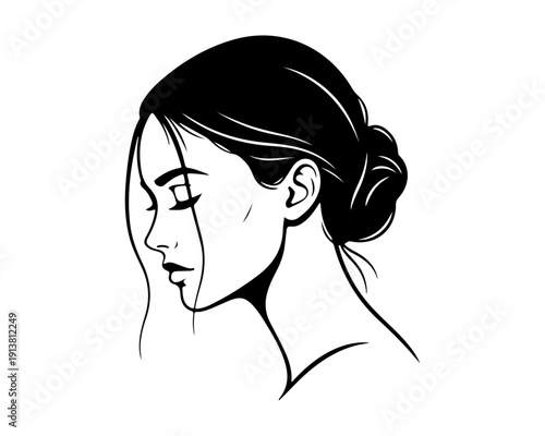 Elegant Woman Profile Line Art Illustration with Updo Hairstyle