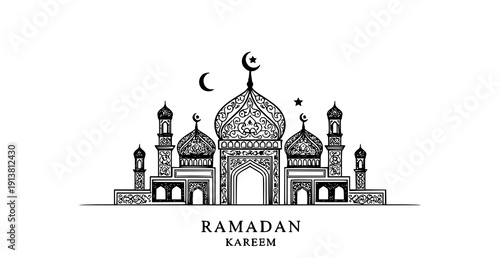 Minimal Islamic mosque outline vector with Ramadan Kareem greeting isolated on white
