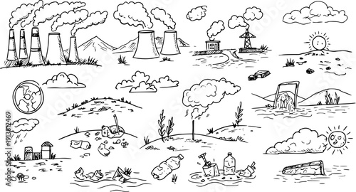 Environmental Pollution Sketch: Factory, Waste, and Climate Change Doodles