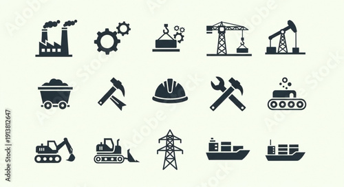 Industrial icons representing manufacturing construction and energy production.