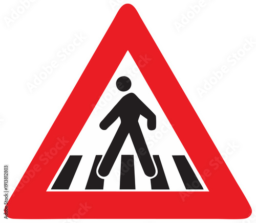Pedestrian crossing warning sign a black silhouette of a person walking on a zebra crossing isolated on a white background