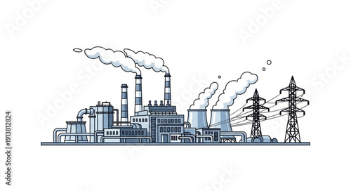 Industrial factory with smoking chimneys and power lines.
