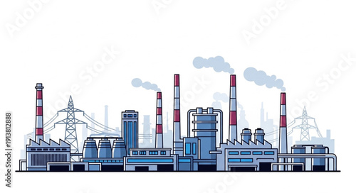 Industrial factory with smoking chimneys and power lines.