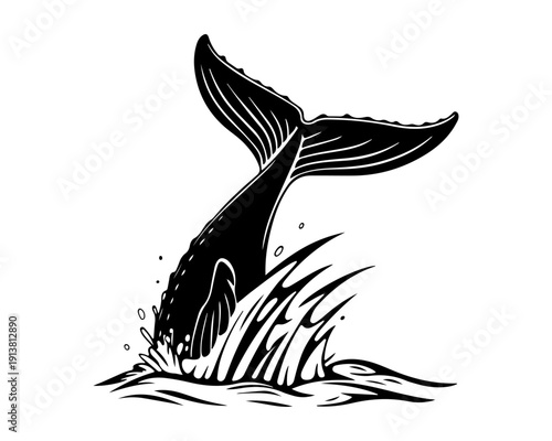 Monochrome Whale Tail Fluke Breaching Ocean Water Black and White Illustration