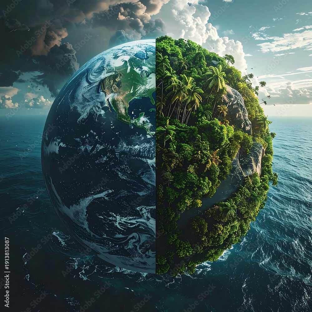 Fototapeta premium A split earth with one side lush and green and the other barren