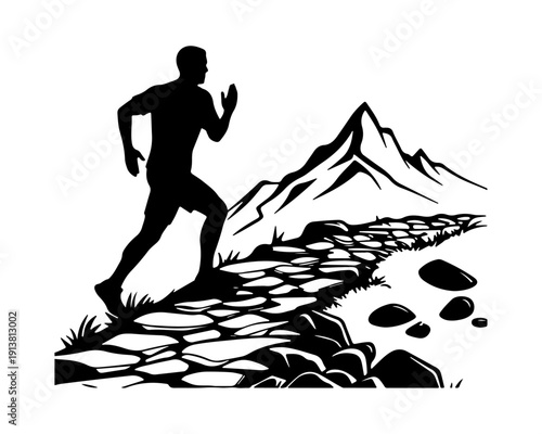 Trail runner silhouette running up rocky mountain path vector illustration