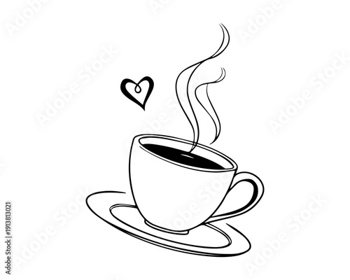 Black and white illustration of coffee cup, steam, and love heart