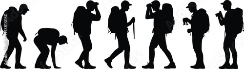 A collection of various male hiker silhouettes displaying different walking and observing poses with backpacks