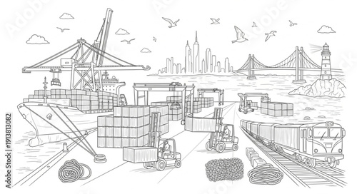 Industrial Harbor Scene with Cranes and City Skyline Illustration.