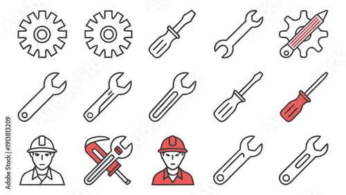 Repair line icon set. Editable Stroke. Maintenance, wrench, fixing, service, tools, repairman, engineer, troubleshoot - stock vector. 