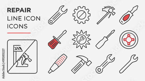 Repair line icon set. Editable Stroke. Maintenance, wrench, fixing, service, tools, repairman, engineer, troubleshoot - stock vector. 