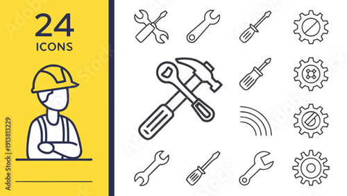 Repair line icon set. Editable Stroke. Maintenance, wrench, fixing, service, tools, repairman, engineer, troubleshoot - stock vector. 