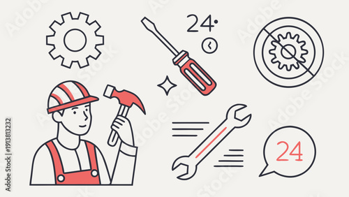 Repair line icon set. Editable Stroke. Maintenance, wrench, fixing, service, tools, repairman, engineer, troubleshoot - stock vector. 