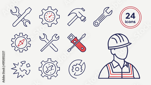 Repair line icon set. Editable Stroke. Maintenance, wrench, fixing, service, tools, repairman, engineer, troubleshoot - stock vector. 