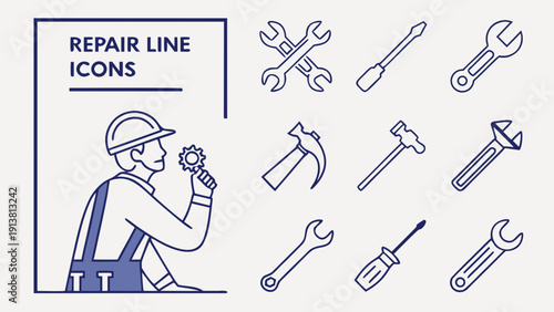 Repair line icon set. Editable Stroke. Maintenance, wrench, fixing, service, tools, repairman, engineer, troubleshoot - stock vector. 