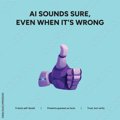 Robotic hand giving a thumbs-up gesture signifies AI sounding confident even when incorrect, lacking self-doubt and presenting guesses as facts.