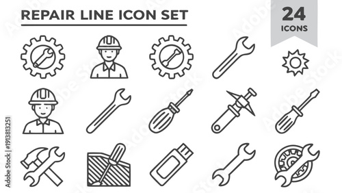 Repair line icon set. Editable Stroke. Maintenance, wrench, fixing, service, tools, repairman, engineer, troubleshoot - stock vector. 